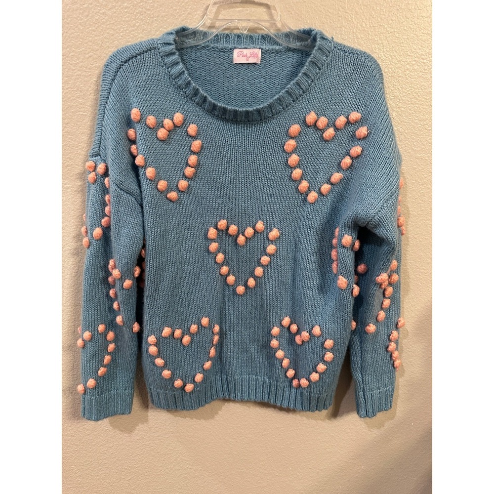 Pink Lily Sweater XS Blue Heart Pom Pom Knit Pullover Long Sleeve Cute